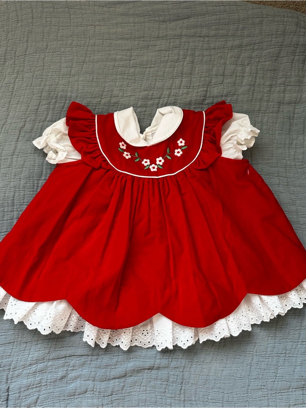 Vintage Baby girl pinafore Red Cotton holiday floral dress size 6-9 Months